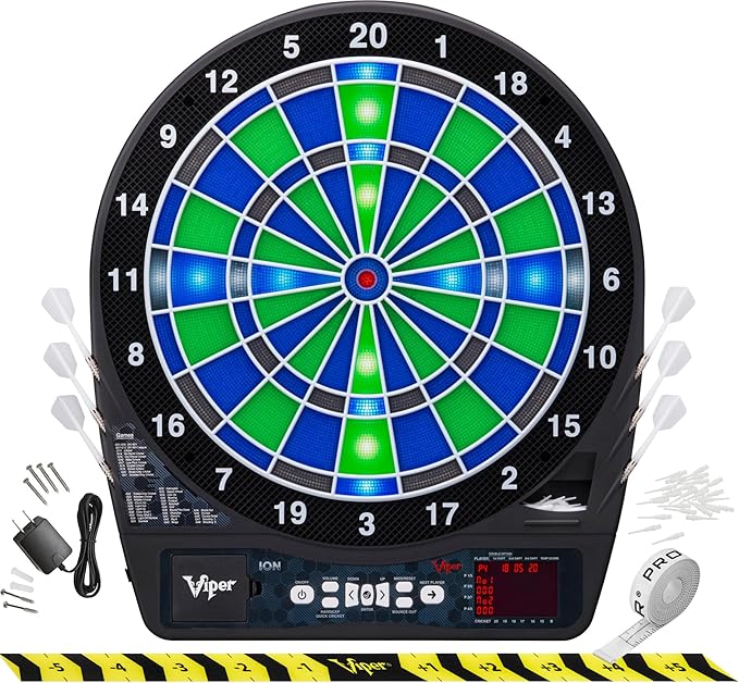 Viper Ion Electronic Dartboard, Illuminated Segments, Light Based Games, Green and Blue Segment Colors, Ultra Thin Spider to Increased Scoring Area