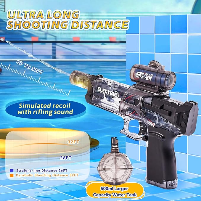 Electric Water Gun with LED Light & Recoil Effect,500CC High Capacity Automatic Squirt Guns,Up to 32 FT Range for Swimming Pool Party Beach,Outdoor Activity for Adults & Kids(Black)