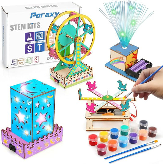 Poraxy 4 in 1 STEM Kits for Kids Ages 5-7 8-10 8-12,3D Wooden Puzzles, Science Project Model Craft Building Engineering Kit,STEM Toys for Ages 8-13,Birthday Gifts for Girls 6 7 8 9 10 11 12 Year Old