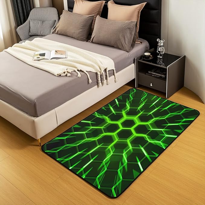 Geometric Area Rug 5'x6'6'', Honeycomb Rug for Teens, Modern Abstract Beehive Carpet for Playroom Dorm, Green Ombre Geometry Black Neon Hexagon Non Shedding Decorative Rug