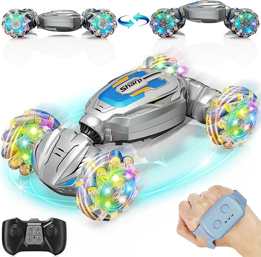 Gesture Sensing RC Stunt Car, Remote Control Car Birthday gifts for kids Age 6-12, 2.4Ghz Hand Controlled Twist Cars, 360° Rotating Transform Off Road Car Toy for Boys Girls Age 6 7 8 9 10 11+ (Gray)