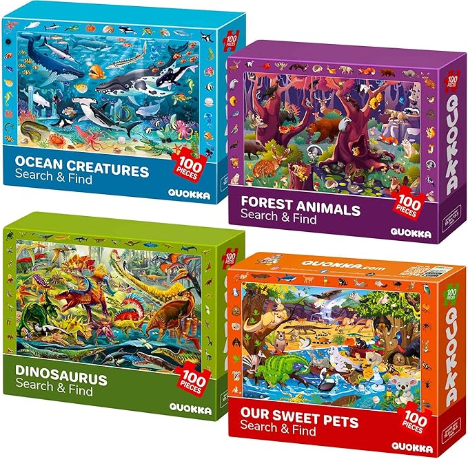 QUOKKA Floor Puzzles for Kids Ages 6-8 - Kids Puzzles Ages 8-10 - 4 Set 100 Piece Search and Find Animal Jigsaw Puzzle for Childrens 4-6 - Learning Educational Toys for 3 Year Old Boys and Girls