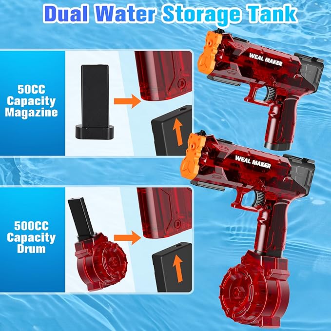 artcool Stronger Electric Water Gun for Kid/Aldult,Transparent Automatic Squirt Guns High Powered IP67 Waterproof, Water Guns with 400 Ammos for Outdoor Summer Beach Pool （Red）