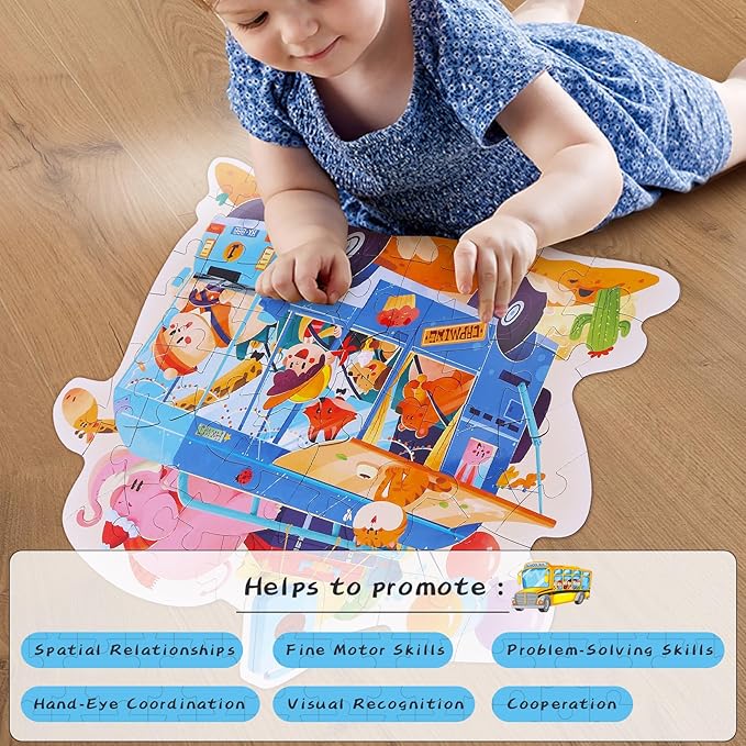 Puzzles for Kids Ages 4-8,53 Piece Unique Large Irregular Animal Shaped Art Puzzle,Floor Puzzles for Kids Ages 3 4 5 6 7 8,Educational Toy Gift Jigsaw Puzzles for Boys Girls (Freedom Camper Car)