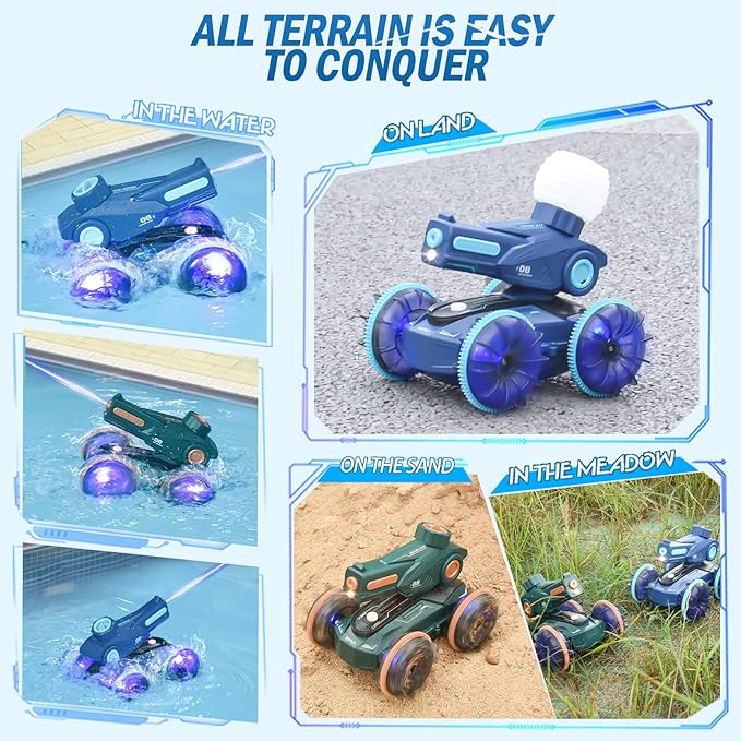 3-in-1 Remote Control Car, RC Boat & Water Gun - Amphibious RC Car for Land & Water, Adjustable Speed, Waterproof, Perfect Boys Toys 4-12 Years Old boy Gifts for Pool Beach, Summer Fun-Blue