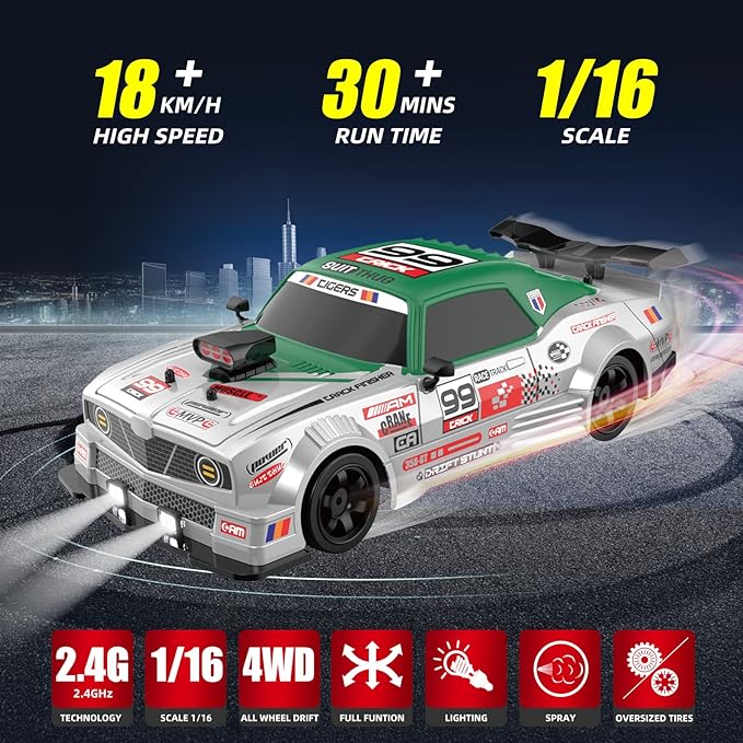 RC Drift Remote Control Car - 1/16 2.4GHz 4WD With LED Lights, Rechargeable Battery, and Drifting Tires - Toy for Adults, Boys, Kids