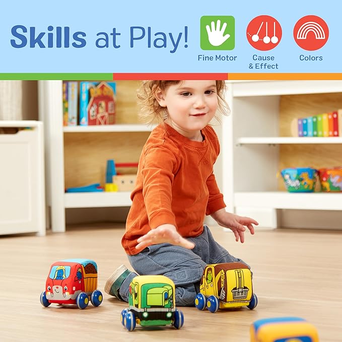Melissa & Doug Pull-Back Construction Vehicles - Soft Baby Toy Play Set of 4 Vehicles - Cars For Infants, Construction Toys, Pull Back Cars For Babies Ages 9m+