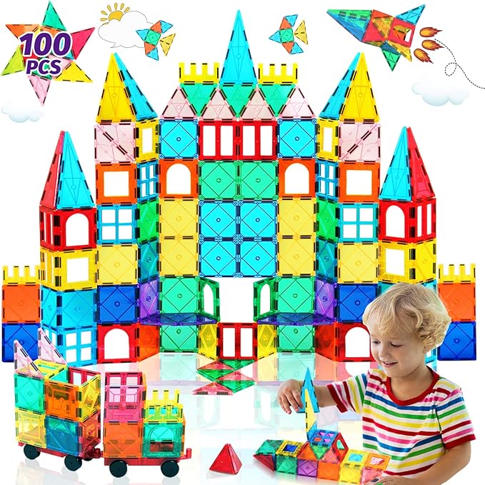 100PCS Magnetic Tiles Blocks for Kids Ages 3-5 4-8,STEM Learning Educational Preschool Magnet Building Toys for Toddlers,Christmas Birthday Gifts Toys for 3 4 5 6 7 8+ Year Old Boys Girls