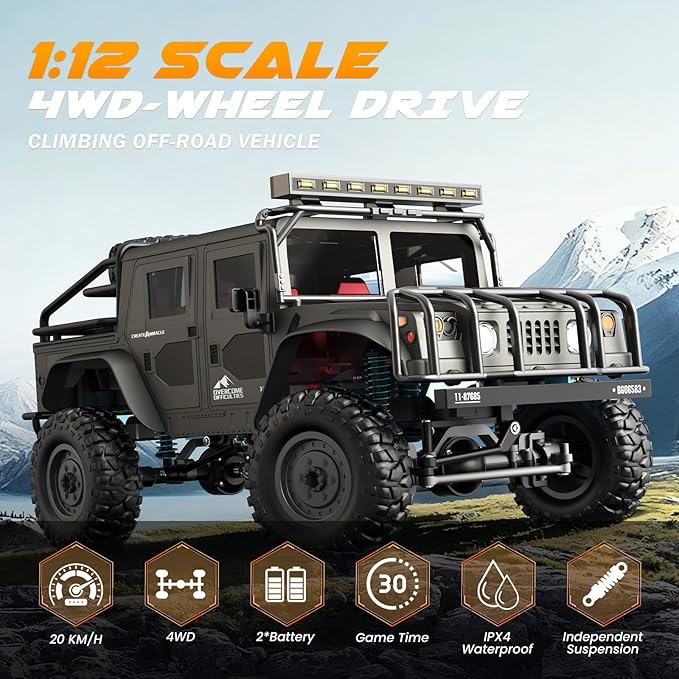 1:12 Scale All-Terrain Remote Control Car, 4WD RC Cars with 2.4 GHz, RC Climbing Truck, IPX4 Waterproof Off-Road Vehicle with Two Rechargeable Batteries, for Kids Teens Adults