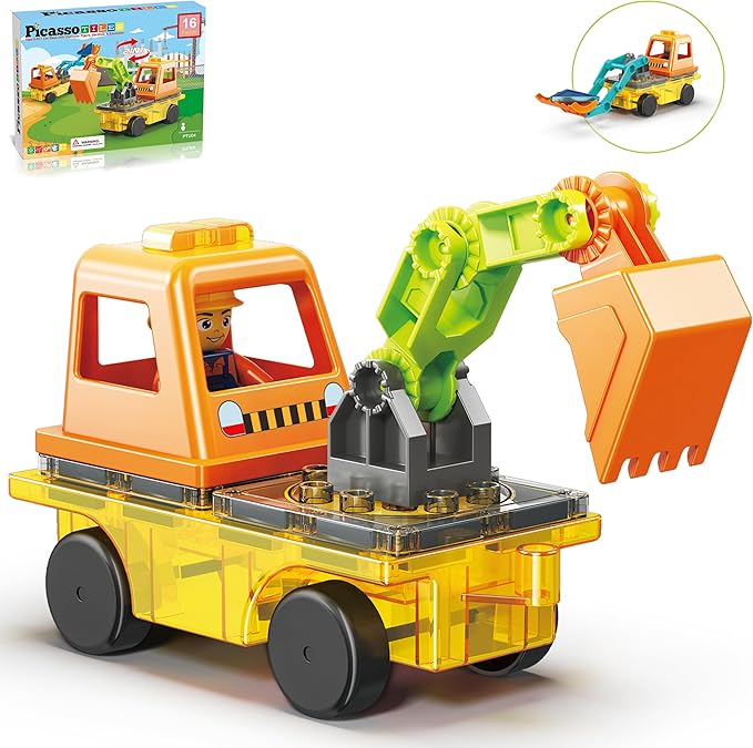 PicassoTiles Magnet Tiles Building Block 2-in-1 Excavator & Backhoe Brick Compatible Construction Playset with Car Base Magnetic Character Action Figure STEM Educational Learning Toy Kit Age 3+ PTU04