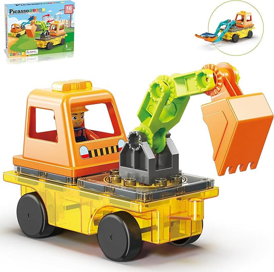PicassoTiles Magnet Tiles Building Block 2-in-1 Excavator & Backhoe Brick Compatible Construction Playset with Car Base Magnetic Character Action Figure STEM Educational Learning Toy Kit Age 3+ PTU04