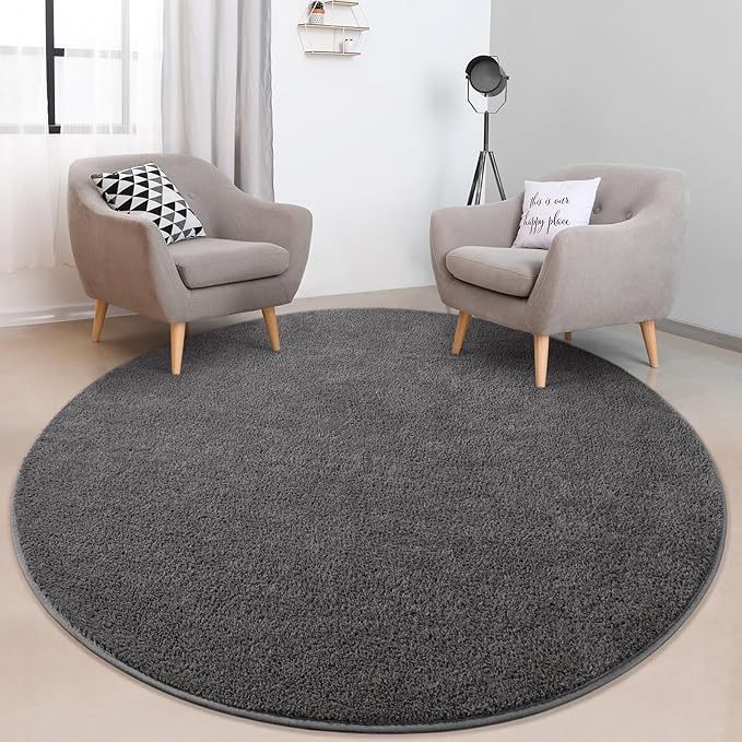 FlyDOIT Round Area Rugs for Bedroom Living Room, 5x5 Dark Grey Super Soft Comfy Thickened Memory-Foam Indoor Circle Carpet, Modern Aesthetic Minimalist Carpet for Boys Girls Adults Nursery Home Décor