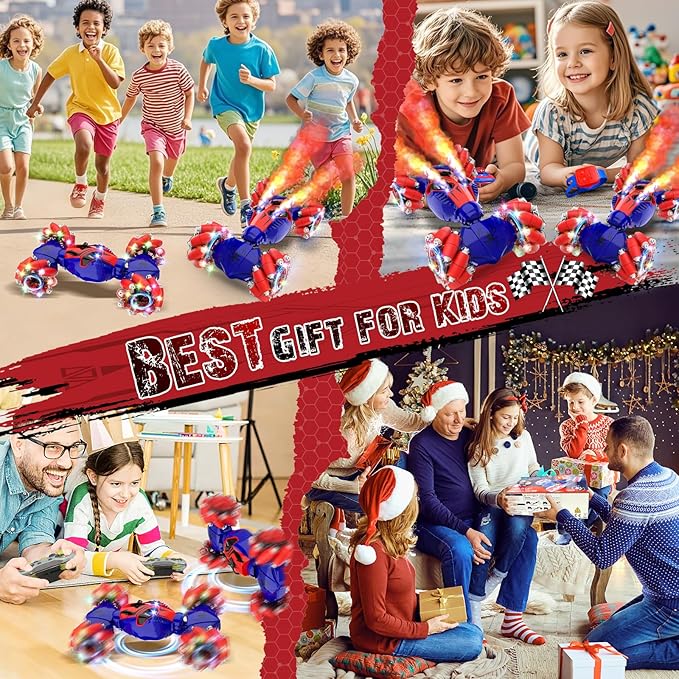 Spider Remote Control Stunt Car: Christmas Birthday Gifts for Boys Toys Ages 6-12 - 2.4Ghz Gesture Sensing Remote Control Cars with Light and Music Spray - 8WD Drift 360° Rotating RC Car for 7-14 Kids
