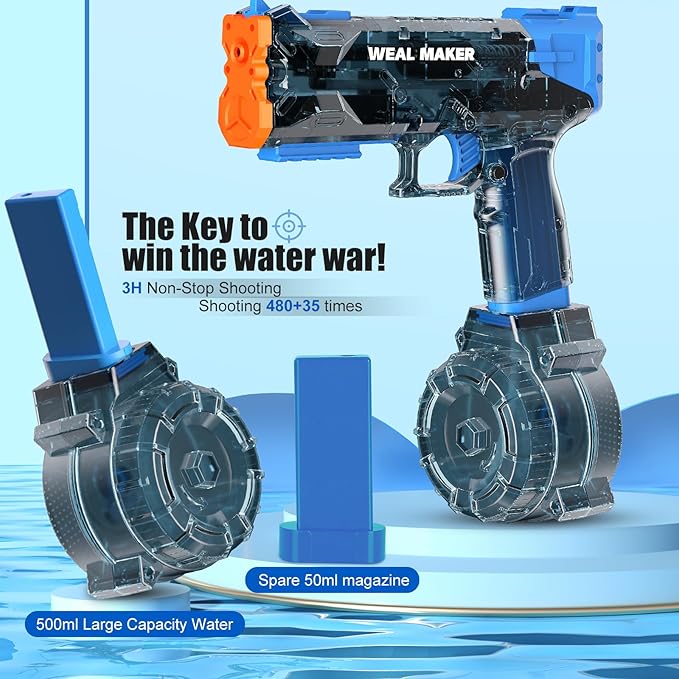 2 Pack Stronger Electric Water Gun for Kid/Aldult,Transparent Automatic Squirt Guns High Powered IP67 Waterproof, Water Guns with 400 Ammos for Outdoor Summer Beach Pool （Blue+Red）