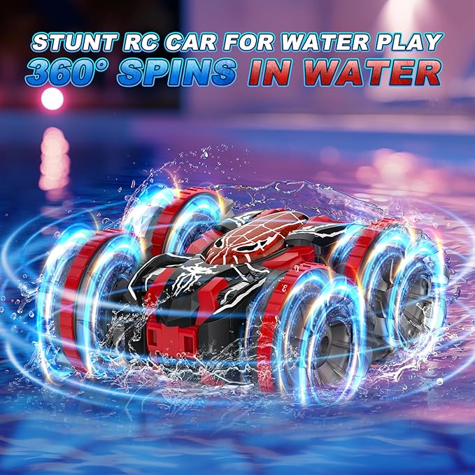 Waterproof Remote Control Car，4WD Amphibious 2.4 GHz RC Car Remote Control Boat，360°Rotation RC Stunt with LED Lights，Boys Girls Gifts All Terrain Water Beach Pool Toy Black