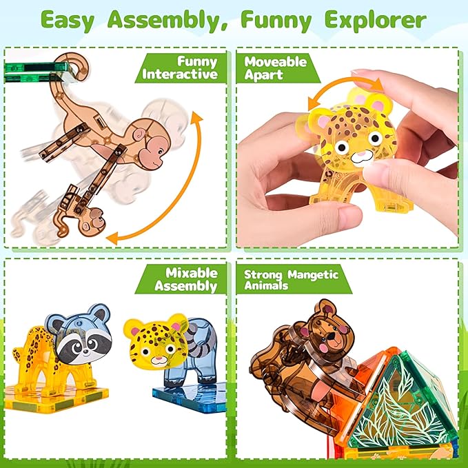Magnetic Tiles Animals Jungle Gifts Building Sets,Toddler Magnetic Toys for Kids Ages 4-8,Forest Montessori Magnet Tiles Set, Safari Zoo Animal Toys,STEM Construction Magnetic Blocks for Toddlers 3-5