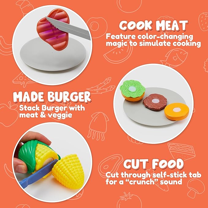 Kids BBQ Grill Playset, Kitchen Toy Set with Pretend Smoke, Light, Sound & Color-Changing Food, Play Kitchen Accessories, Indoor Outdoor Cooking Toy for Boys Girls Kids Birthday Gift