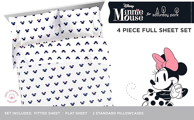 Saturday Park Disney Minnie Mouse Dreaming of Dots Full Sheet Set - 4 Piece 100% Organic Cotton Sheets - GOTS & Oeko-TEX Certified (Disney Official)