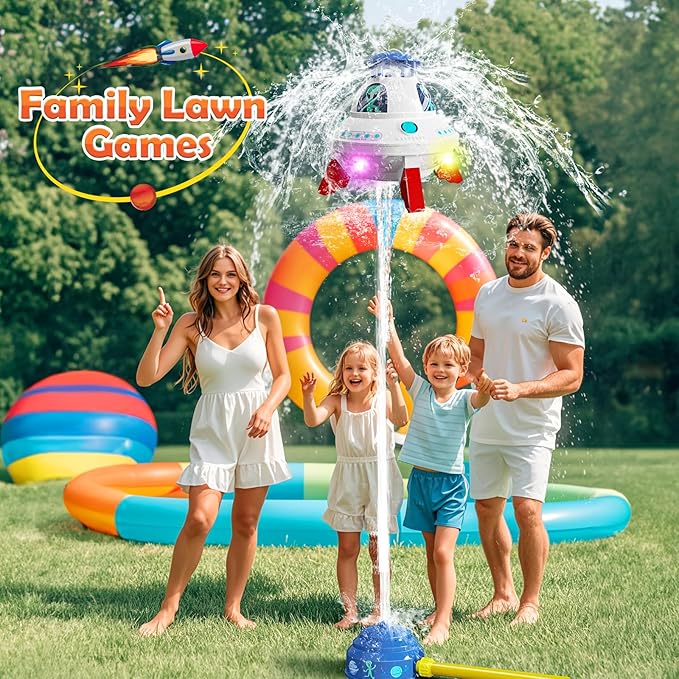 Skirfy UFO Water Sprinkler for Kids Toys,Outdoor Summer Water Rocket with Light Up Liftoff 9-16ft & Spin,Water Toy Backyard Lawn Birthday Gift for Gilrs Boys Age 3 4 5 6 7 8 Year Old