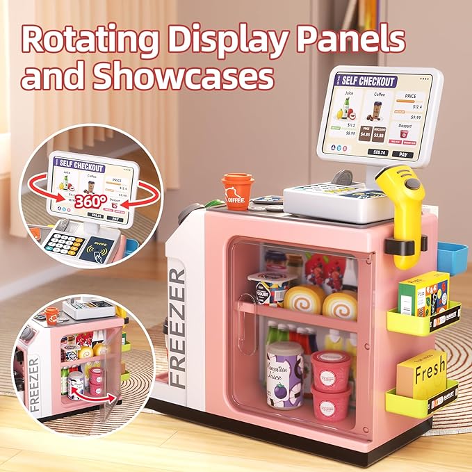 48-Piece Pretend Play Cash Register Toy Set for Kids with Water Outlet Function - Calculator, Shopping Bag, Scanners, Coffee Machine, Play Food - Gift for Boys and Girls Ages 3+（Pink）