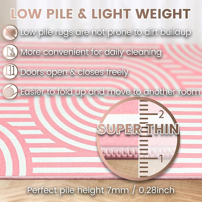 Washable 4x6 Modern Area Rug for Living Room, Pink Minimalist Aesthetic Abstract Boho Large Rugs, Ultra-Thin Low Pile Soft Nonslip Indoor Floor Carpet for Office Bedroom Playroom Classroom Dorm