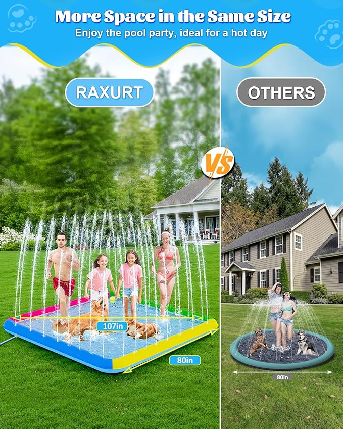 Splash Pad, 107"- 80" Non-Slip Splash Pad for Kids and Dogs, Thickened Durable Square Dog Pool with Sprinkler Summer Outdoor Water Toys for Toddler Girls Boys Children Pet (Colorful)