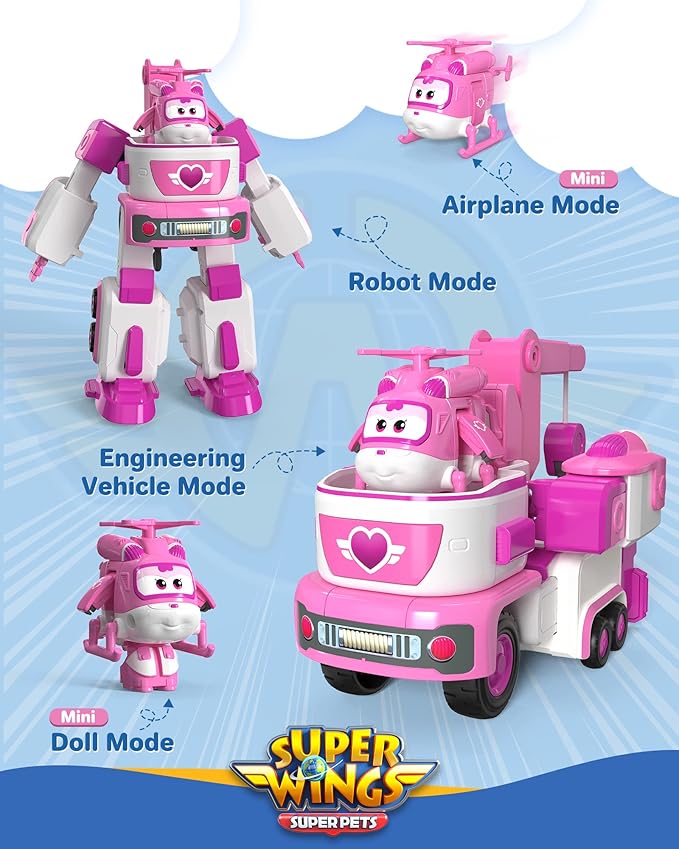 Super Wings - 7' Dizzy's Rescue Tow with 2' Pink Transform-a-Bot Mini Figure,Transforming Airplane Toy Vehicle Set,Toy for 3 4 5 Year Old Boys and Girls,US720314