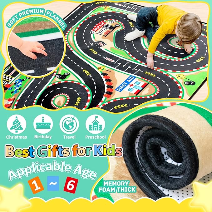 Kids Rug, Race Track Playmat Rugs, Realistic 3D Cascading Surround Route, 4x6 Ft Kids Rug for Playroom, Great for Playing with Cars and Toys, Non-Slip Car Carpet