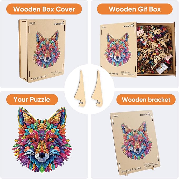 Original Wooden Jigsaw Puzzles-Wolf,200pcs,Medium 10.2x11.2in,Wooden Puzzles for Adults,Unique Shape Animal Adult Puzzles,Irregular Wood Puzzles Best Gift for Adults and Kids Family Game