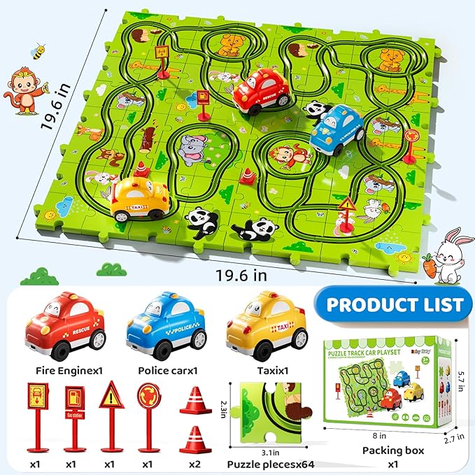 64 PCS Puzzle Race Track Car Set Toys for Kids Boys, Puzzle Tracks Car Toys for Boys Ages 3-5 4-6, Toddler Toys Gifts for 3 4 5 Year Old Boys, Ideal 3 4 5 6 Year Old Boys Birthday Gifts