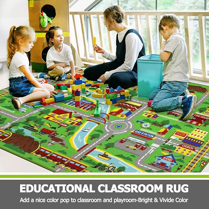 Capslpad Kids Rug 6'6" x 5'0" Educational Learning Kids Play Area Rug Large Traffic Road Cars Rug Play Mat for Kids Toy Nursery Rug Car Carpet for Playroom Living Room Classroom Decor Green