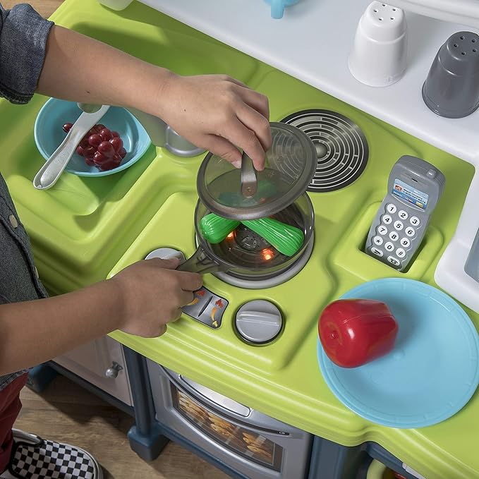 Step2 Lifestyle Custom Kids Kitchen Playset, Indoor/Outdoor Kitchenette, Interactive Play with Lights and Sounds, Made of Durable Plastic, 20 Piece Toy Accessories, Toddlers 2+ Years Old, Blue