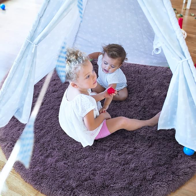 LOCHAS Luxury Round Fluffy Area Rugs for Bedroom Kids Girls Room Nursery, Super Soft Circle Rug, Cute Shaggy Carpet for Children Living Room, 4x4 Feet Grey Purple