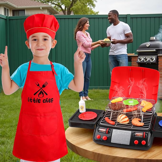 Kids Grill Playset Kitchen Toys with Apron Hat for Cooking Food Smoke Light Outdoor Pretend Play Accessories BBQ Outside Camping Barbecue Toddler Boy Toy 2 3 4 5 Year Old 4-8 Birthday Gift Valentine