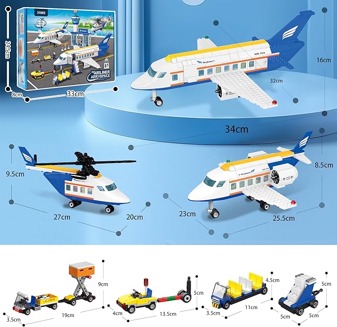 Airplane Set Building Toys with LED Light, 3 IN 1 Plane City Passenger Building Blocks with Airport Terminal, Luggage Trailer, Aircraft, Airplane Toy Sets for Kids, Boys, Girls Age 6-12, Birthday Gift