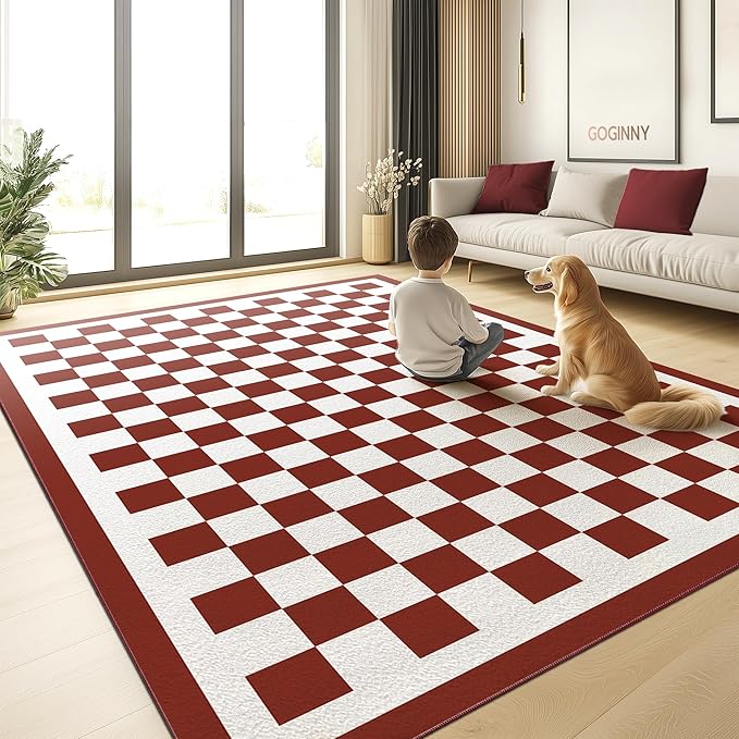 Washable 8x10 Checkered Area Rug for Living Room, Dark Red Checkerboard Modern Boho Large Rugs, Ultra Thin Low Pile Lightweight Indoor Carpet with Non-Slip Backing for Bedroom Kids Nursery Play Room