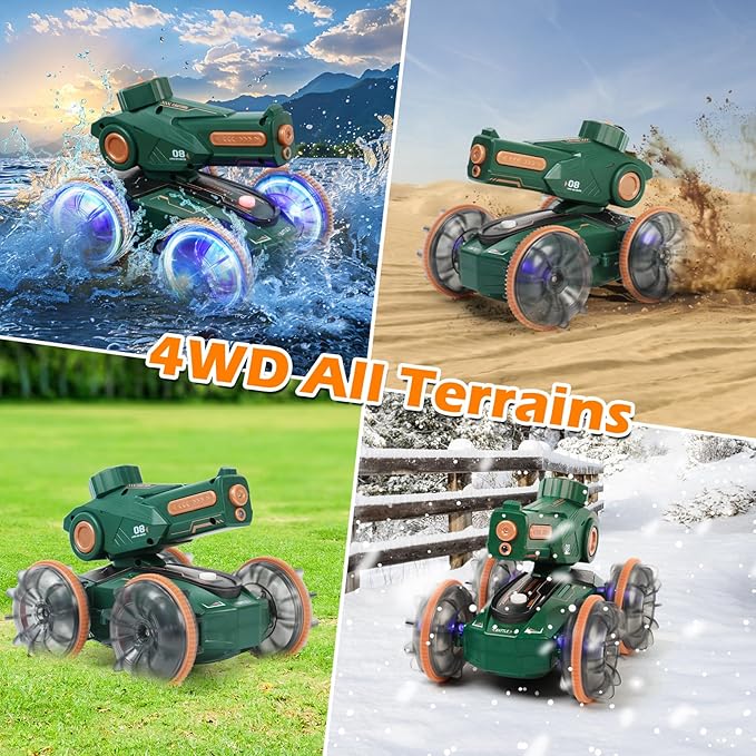 Toys for Kids 6-12 Remote Control Car Boat Gifts for Boys 5-7 8 9 10 11 Year Old Amphibious RC Gesture Stunt Water Squirt Tank with Lights & Self-Dispensing Cool Outdoor Summer Beach Pool Toy