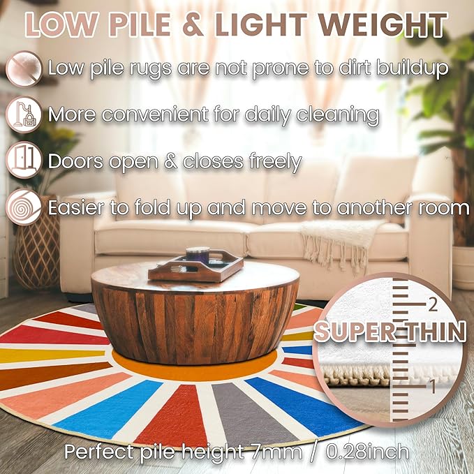Washable 6Ft Round Sun Area Rug for Living Room, Rainbow Sun Modern Abstract Boho Circle Rug, Ultra Thin Low Pile Lightweight Indoor Carpet Mat with Non-Slip Backing for Bedroom Kids Nursery Play Room