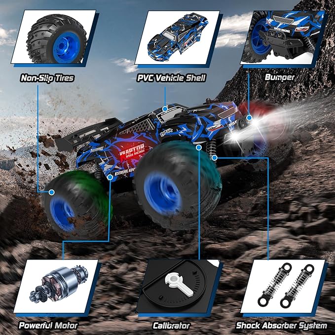 Remote Control Car, 1:18, All-Terrain Remote Control Truck with Headlight and Bodylight, 2WD, 20KM/H, PVC Shell, 2.4GHz, Rechargeable, Sturdy, Two Speed Control, Rc Cars for Kids, Beginner