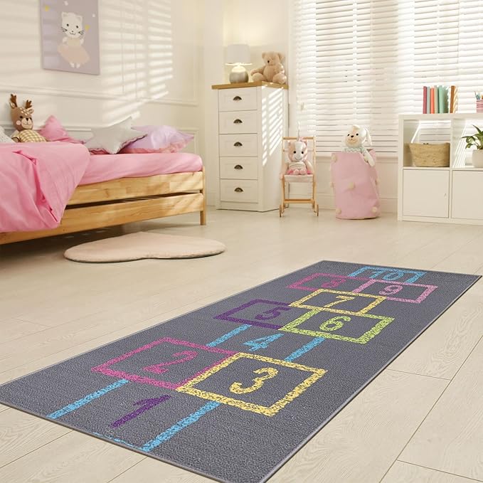 Ottomanson 2'7" x 6' Hopscotch Kids Rug - Play Mat for Playroom, Bedroom, Daycare & Classroom - Fun & Interactive Game Carpet - Durable and Non-Slip - Perfect for Learning & High-Traffic Areas, Pink