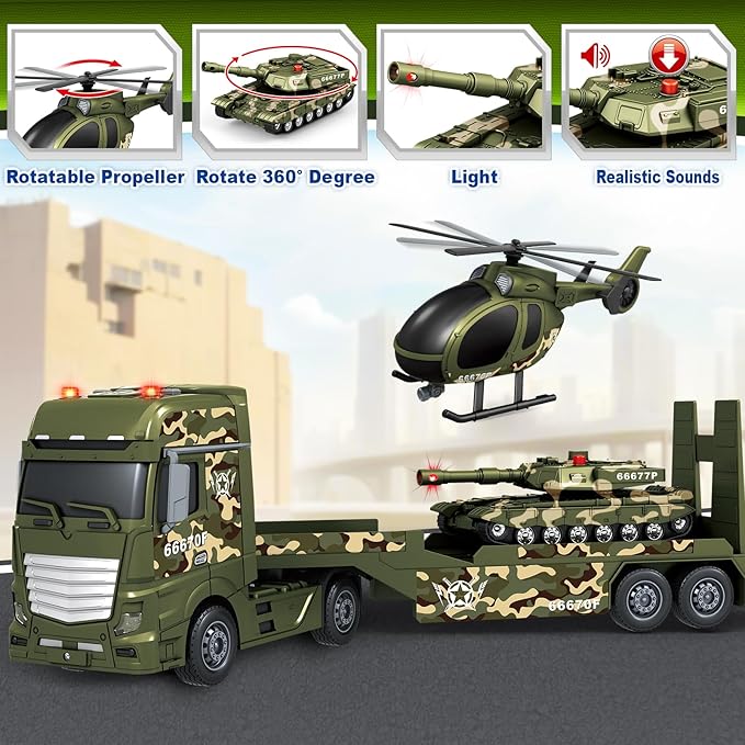 Toddler Boy Toys for 3 4 5 6 7 Years Kids, 25" Semi Army Truck Toy with Helicopters and Tank, Friction Powered Military Toys with Lights and Sounds, Birthday for Boy Girls