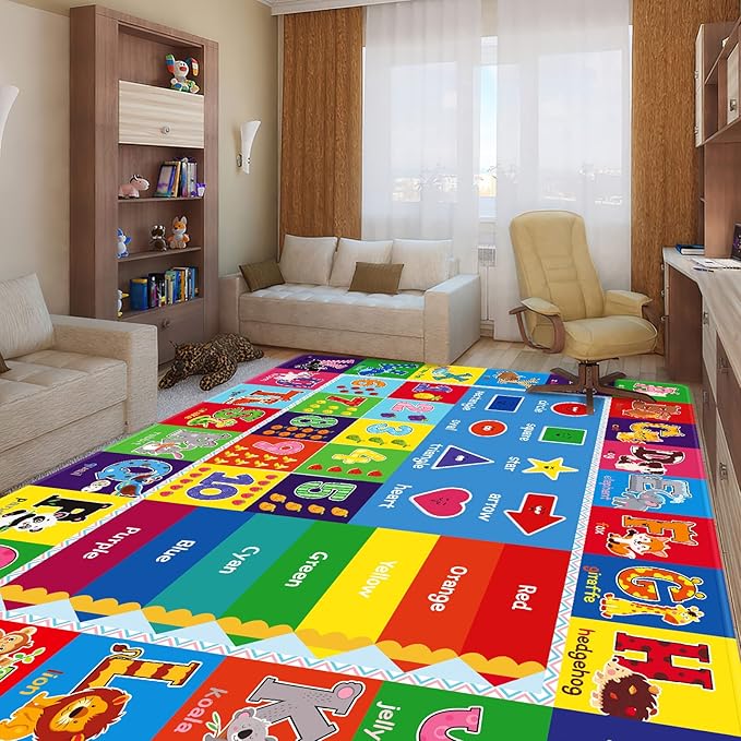Kids Play Rug for Playroom, ABC Educational Area Rug, Toddler Baby Play Mat, Alphabet Animal Soft Non-Slip Kids Rug Carpet for Boy Girl Bedroom (110X78.7 INCH Blue)