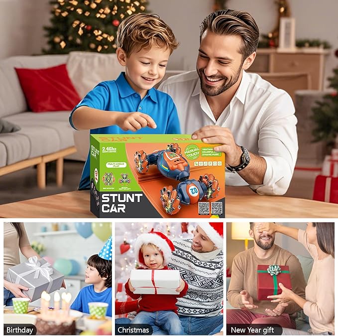 Rc Car Boys Toys 6-8 Years Old,Cool Birthday Gifts for Boys Ages 8-13 4WD Gesture Sensing Rc Stunt Car for Ages 5 7 9 10 Years Old Kids with Light and Music,Large-Orange