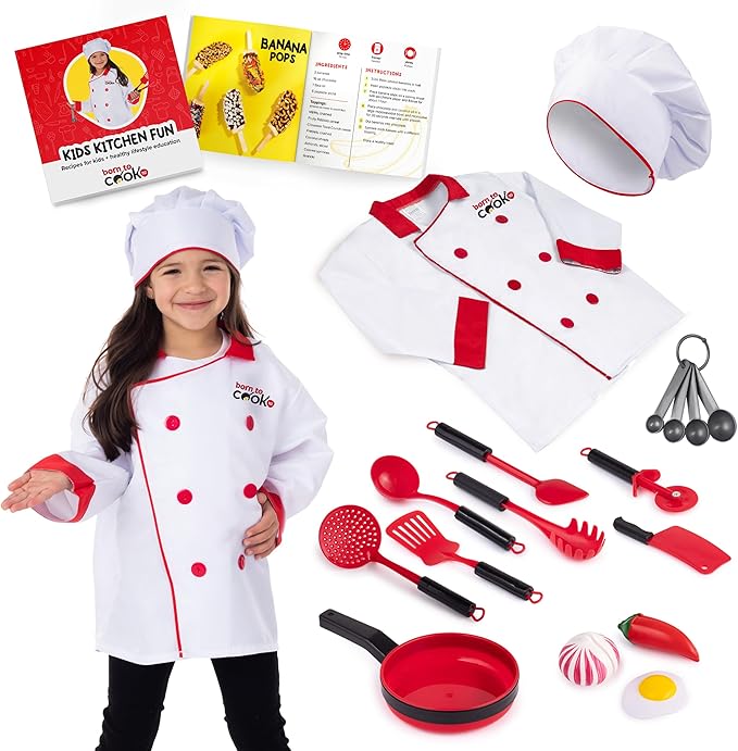Born Toys Chef Costume for Kids w/ Kids Chef Hat Includes Kids Kitchen Accessories Set Fun Recipe Book - Cooking Set for Kids Costume Washable and Dress Up & Pretend Play for Boys & Girls Ages 3-7