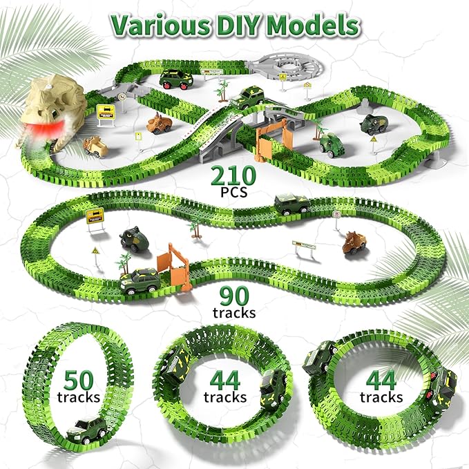 iHaHa 249 PCS Dinosaur Toys Race Car Track, Toys for Kids Toddler Boys Ages 2-4 3-5 4-6, Dinosaur Race Tracks Toys with Light, Sound & Spray, Birthday Dinosaur Toys Gifts for 2 3 4 5 Year Old Boys