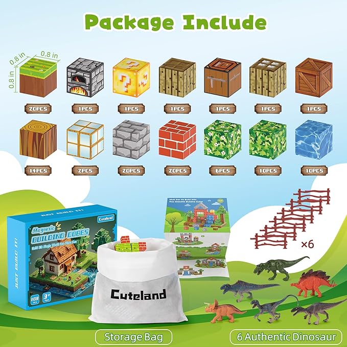 Magnetic Blocks 108PCS Building Set for Boys 6-8 With 6 Dinosaur Toys - Creative Games for Kids 6+ Years Old