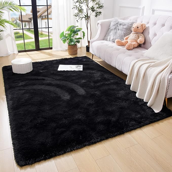Amearea Premium Soft Fluffy Rug Modern Shag Carpet, 8x10 Feet, Fuzzy Shaggy Rugs for Bedroom Living Room Teen Apartment Decor, Comfortable Indoor Furry Dorm Carpets, Black