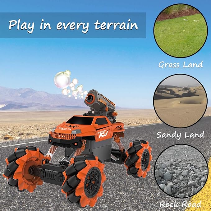 Vaiyer RC Rechargeable, Remote Control Stunt Car for Kids w/ 2-in-1 Interchangeable Toy Bubble Blaster and Water Gun Tops, Rock Crawler Off Road Vehicle w/ 360 Degree Movement (Orange)