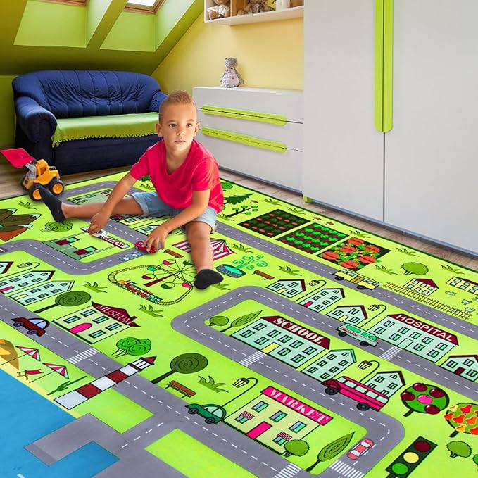 Large Kids Carpet Play Mat Rug for Playroom, 60'' x 84'’ Car Rugs Mat for Kids Toy Cars, City Life with Road Traffic Playmat Rugs Great for Kids Bedroom Play Room Boy Room Decor, Green