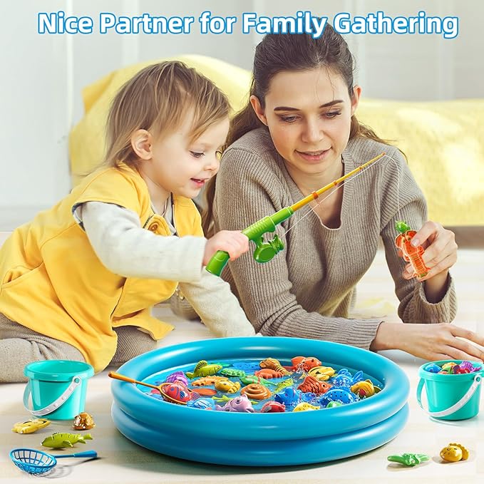 Magnet Fishing Toys Game for Kids 3-5 - Floating Fish Toys with Inflatable Kiddie Pool, Bath Toys for Toddlers, Pole Rod Net, Outdoor Party Toys for Boys Girls Kids Age 3 4 5 6 7 8 Year Old